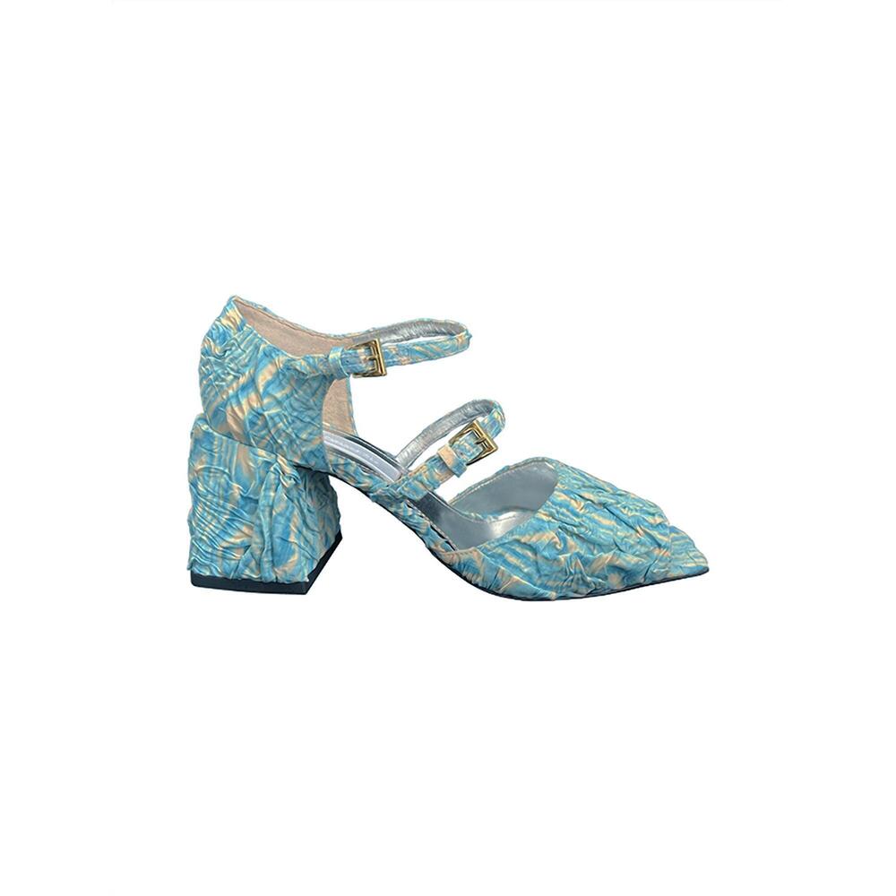 NEW SUZANNE RAE women's demi toe double mary jane heels in aqua plisse